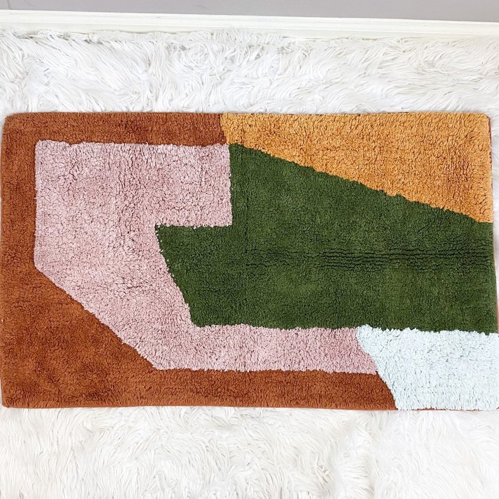 West Elm Multi-Color Geometric Bath Mat — Pink, Green, Rust, Mustard, White